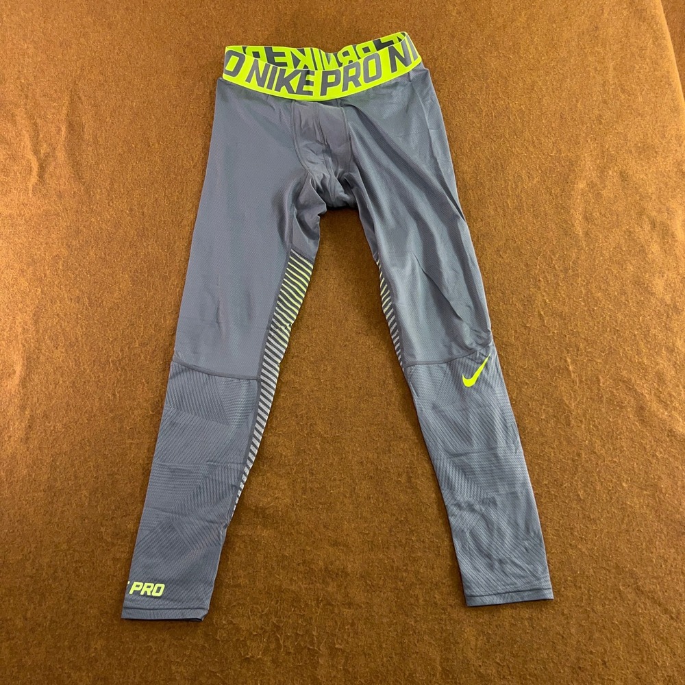 Nike Mens XL Gray Neon Yellow Pro Compression Athletic Tights